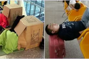17 Pose orang tidur di bandara ini bikin geleng-geleng kepala