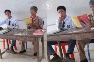 Miris, siswa SMA ini merokok dan duduk tak sopan di samping gurunya