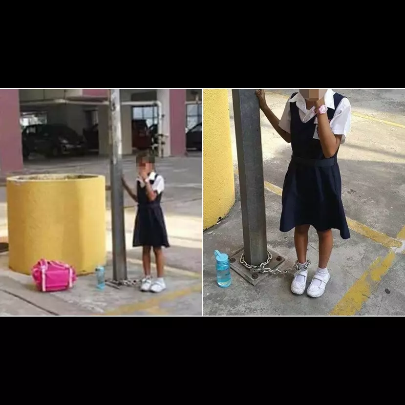 Bolos sekolah, anak perempuan ini dirantai ibunya di tiang lampu 