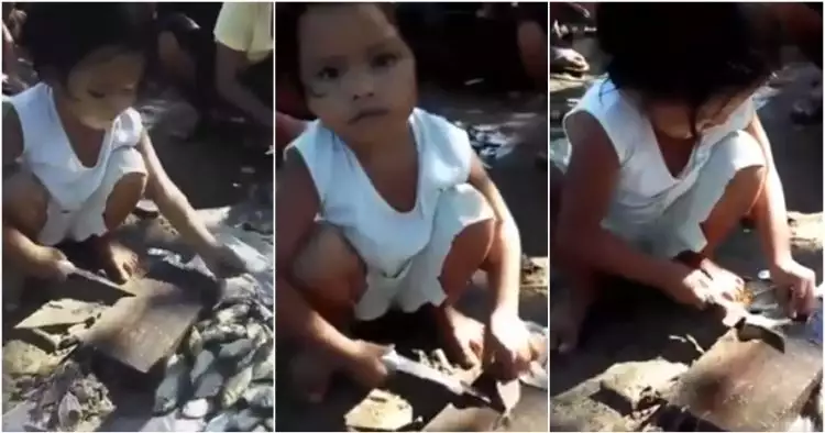 Bocah ini lihai memegang pisau demi membantu orangtuanya bekerja