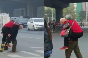 Foto kakek gendong istrinya menyebrang jalan ini bikin netizen terharu