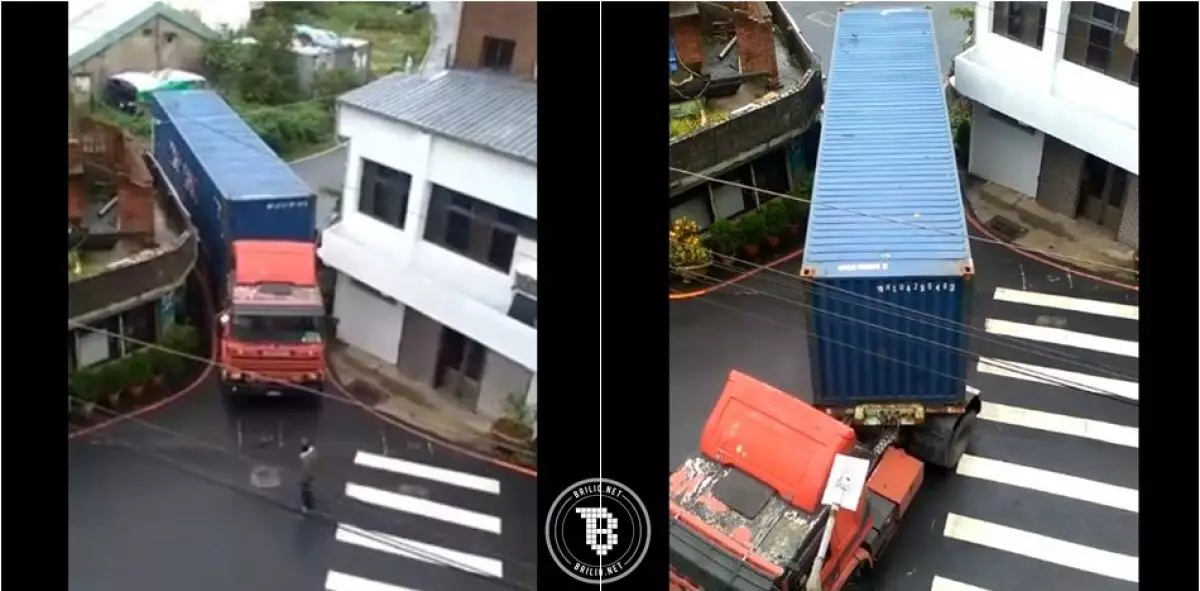 Aksi sopir truk kontainer keluar dari gang sempit ini bikin kagum