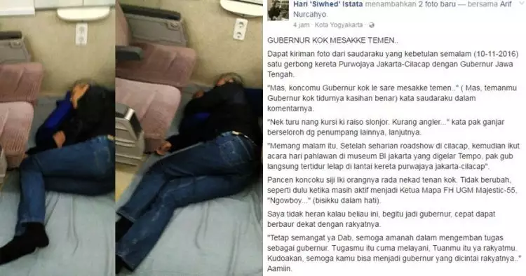 Aksi Ganjar Pranowo tidur di lantai kereta api ini bikin netizen heboh