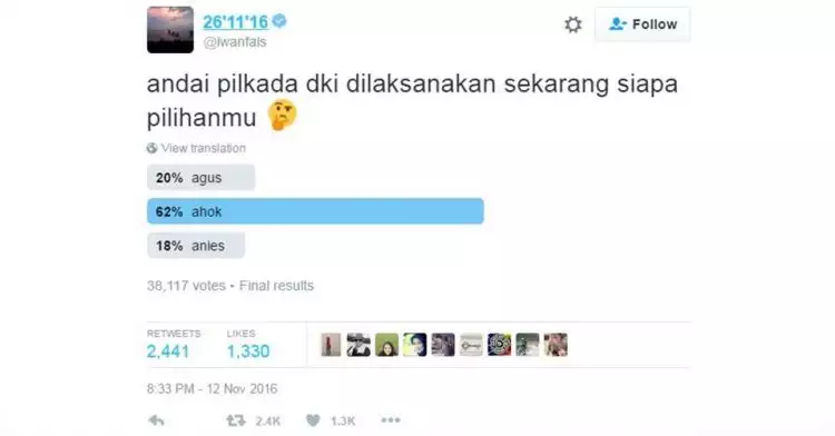 Polling Twitter Iwan Fals, Ahok menang jika Pilkada digelar saat ini