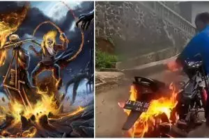 Aksi remaja bakar roda sepeda motor ala ghost rider ini ngawur banget