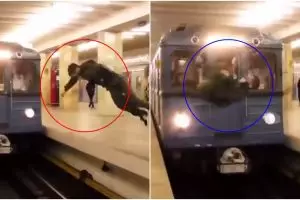 Ekstrem, cowok ini salto tepat di depan kereta yang akan lewat