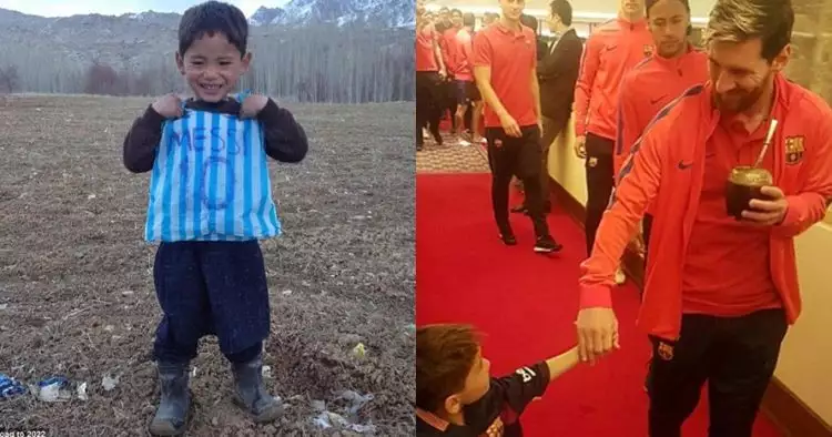 Akhirnya bocah berkaus kantong plastik asal Afganistan bertemu Messi