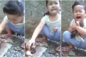 Bocah ini nangis gara-gara ayamnya mati digigit kucing, lucu tapi haru