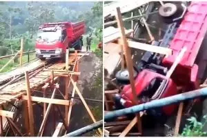 Aksi ngawur sopir paksa truk lintasi jembatan kayu ini berakhir tragis