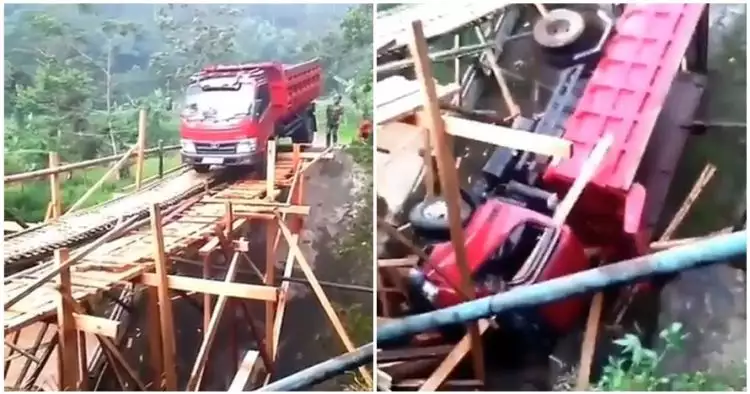 Aksi ngawur sopir paksa truk lintasi jembatan kayu ini berakhir tragis