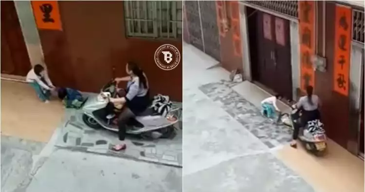 Kejam, perempuan ini lindas kaki anak di trotoar dengan sepeda motor