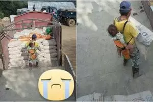 Potret pria pemanggul semen gendong anaknya saat kerja ini bikin haru