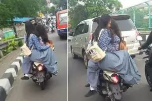 Ulah pelajar cewek kendarai motor boncengan tiga ini bikin geregetan
