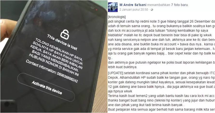Handphone yang hilang ini kembali karena pesan menyentuh di layarnya