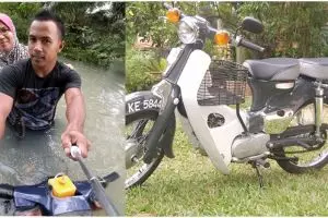 Sepeda motor modifikasi pemuda ini mampu membelah banjir bak perahu