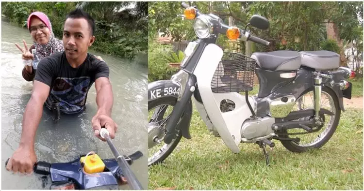 Sepeda motor modifikasi pemuda ini mampu membelah banjir bak perahu