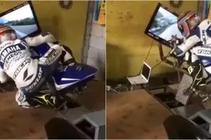 Aksi kocak orang berlatih balap pakai simulator ini kreatif abis