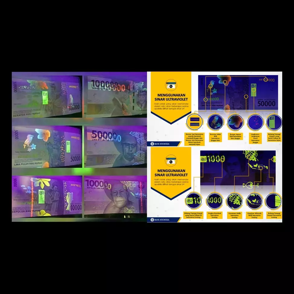 Ornamen unik muncul di uang rupiah baru ketika dilihat pakai sinar UV