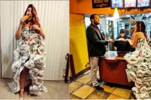 Demi nikah gratis, wanita ini bikin gaun unik dari bungkus makanan