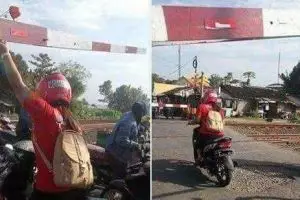 Wanita naik motor terobos perlintasan kereta ini ngawur, layak dijewer