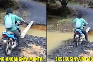 Pemotor meniti jembatan kayu hanya bermodal nyali ini berakhir ngenes