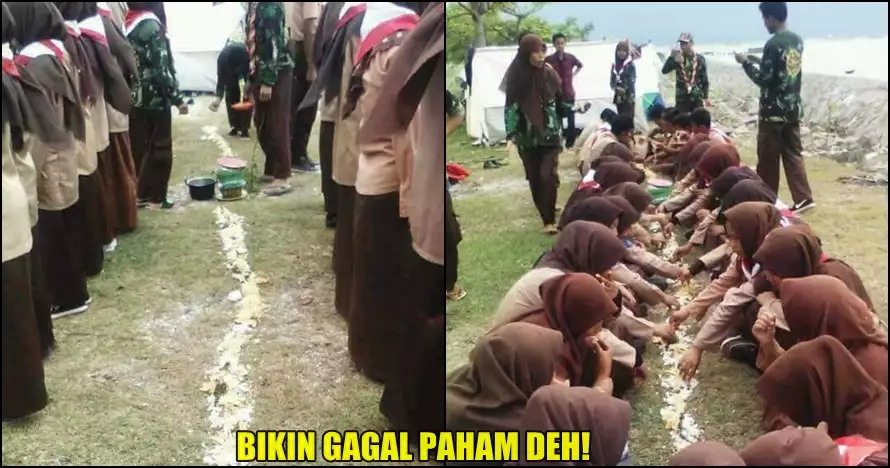 Foto viral anggota Pramuka makan beralaskan tanah ini bikin geram