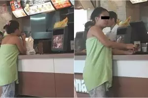 Hanya berbalut handuk, wanita ini pesan makanan di restoran cepat saji