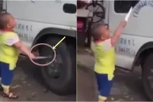 Bocah ini ngamuk sambil todongkan pisau ke sopir truk, duh kenapa ya?