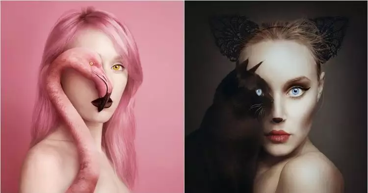 11 Potret gabungan wajah wanita dengan mata hewan ini kreatif parah