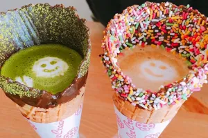 Kopi panas ini disajikan bukan pakai cangkir, tapi cone es krim