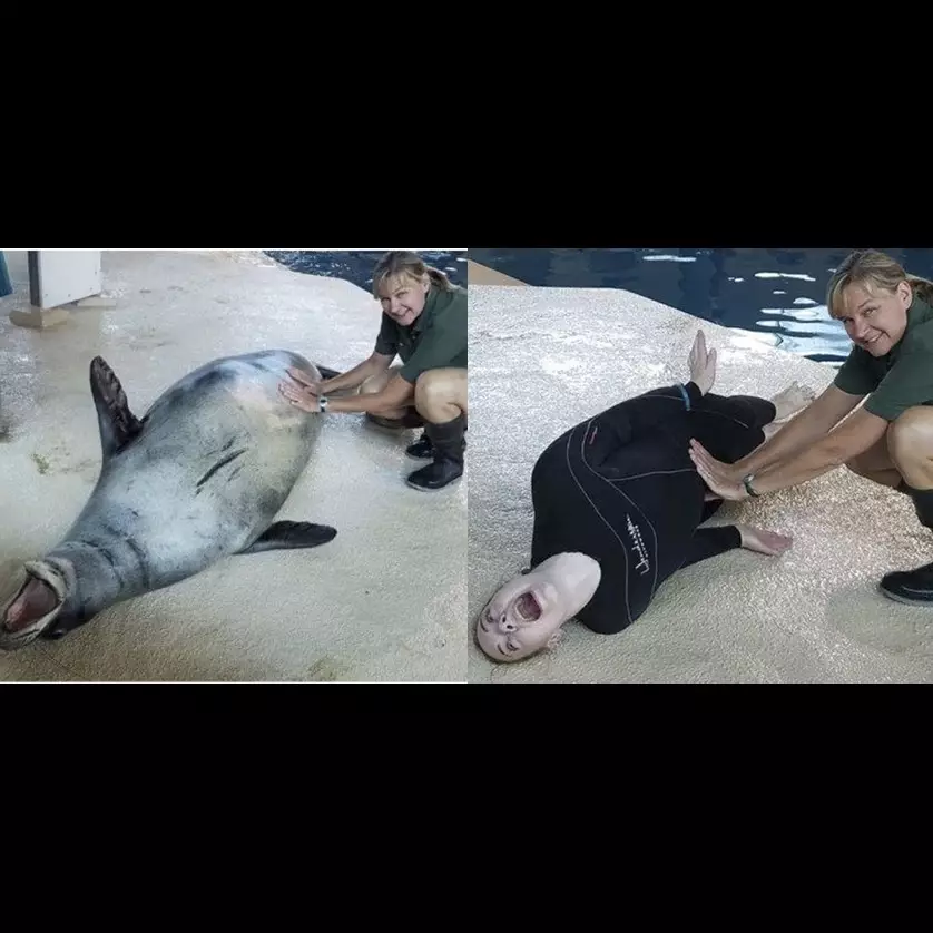 15 Foto lucunya penjaga kebun binatang tirukan aksi hewan, totalitas