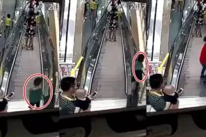 Sang ayah sibuk main HP, anak ini hampir jatuh dari eskalator