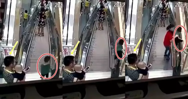 Sang ayah sibuk main HP, anak ini hampir jatuh dari eskalator