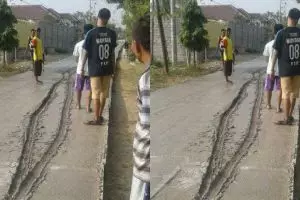 Jejak di jalan cor basah ini bikin bingung siapa sebenarnya yang lewat