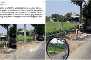 Bapak ini tambal sendiri jalanan di Yogyakarta, bikin salut