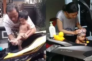 Kelakuan 3 ortu manfaatin bagasi motor jadi 'bak mandi' bikin ngakak