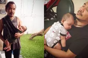 Jadi ayah, 10 gaya Cella Kotak saat asuh bayinya ini telaten banget