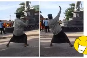 Aksi pria bersarung ikuti gerakan senam aerobik ini bikin ngakak