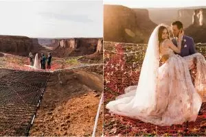 Langka, potret pengantin menikah di antara tebing ketinggian 120 meter