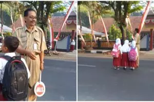 Aksi guru berhati mulia bantu siswa menyeberang ini bikin haru