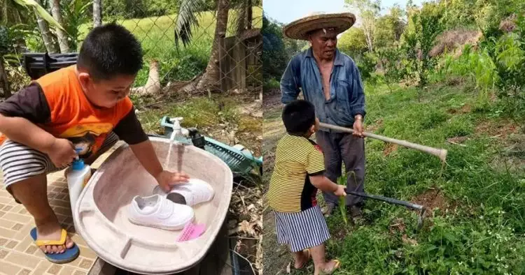 Kisah bocah 5 tahun bantu kerjaan kakeknya, dari nyuci sampai berkebun