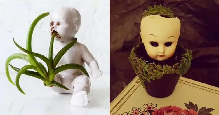 12 Potret pot tanaman dari boneka bekas ini bikin bergidik ngeri