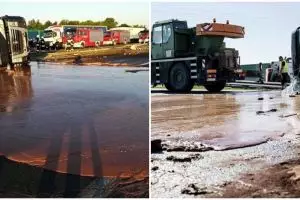 Truk tangki ini terguling, cokelat 12 ton yang dibawa banjiri jalanan