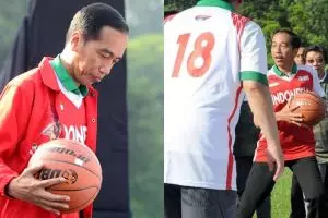 9 Aksi Jokowi main bola basket bareng DBL, keren kenakan jaket merah