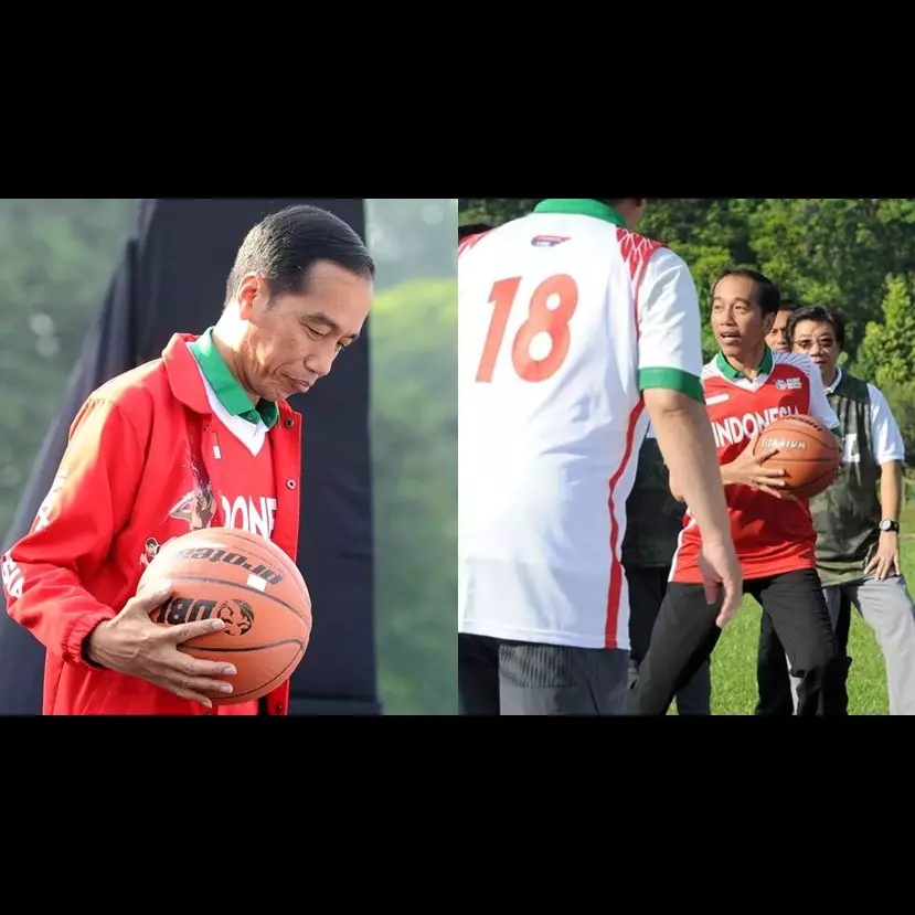 9 Aksi Jokowi main bola basket bareng DBL, keren kenakan jaket merah
