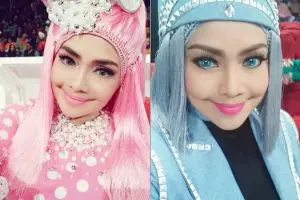 7 Pesona Iyeth Bustami dengan hijab wig warna-warni, nyentrik abis