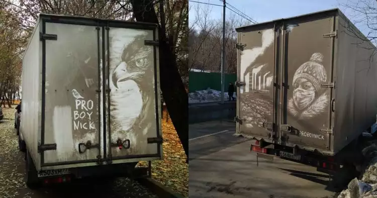 11 Lukisan kece ini dibikin dari debu-debu yang nempel di badan truk