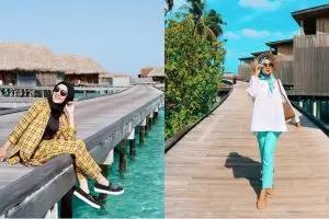 Tak pamer lekuk tubuh, gaya 5 seleb berhijab saat liburan di Maladewa