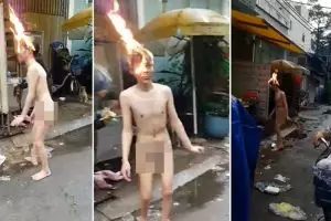 Beredar, video pria semi bugil dengan kepala terbakar di pinggir jalan