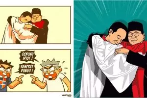 9 Ilustrasi momen langka Jokowi-Prabowo pelukan ini bikin politik adem